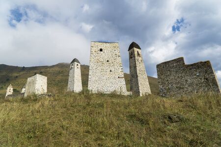 Battle towers Erzi in the Jeyrah gorge, Republic of Ingushetiaの写真素材