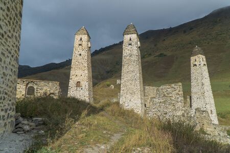 Battle towers Erzi in the Jeyrah gorge, Republic of Ingushetiaの写真素材
