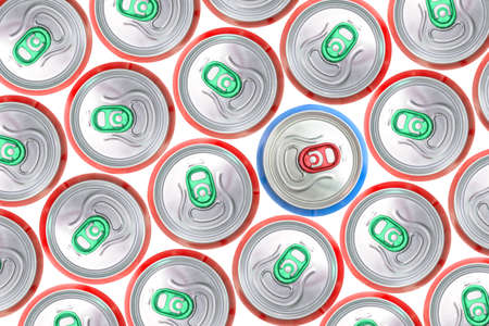 multi-colored aluminum cans, top view, on a white background
