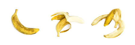 banana, open banana and peel on a white backgroundの写真素材