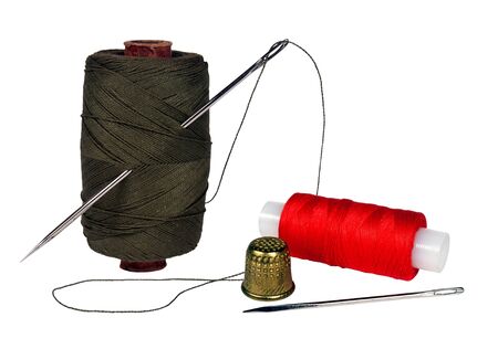 Spools of thread, needles on a white background  collage