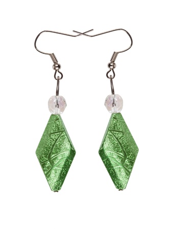 Earrings in silver diamond-shaped light green on a white background  Collage の写真素材