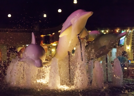 Fountain with dolphins in Patong with illumination in the darkの写真素材