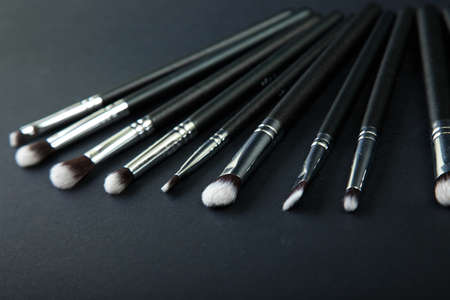 Professional makeup brushes on a black background, natural cloth