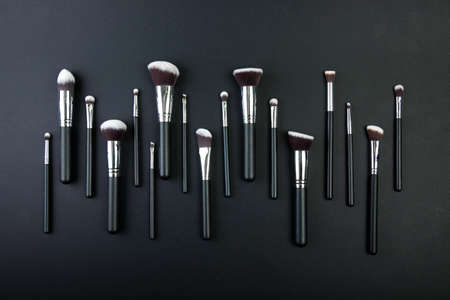 Professional makeup brushes on a black background, natural clothの写真素材