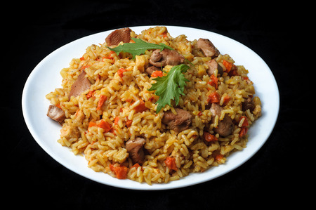 meat with rice and vegetables in white plate isolated on blackの写真素材