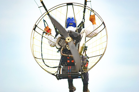 Bila Tserkva, Ukraine. June 20, 2016 Paragliding, training flights with paramotor. Flight and altitude controlのeditorial素材