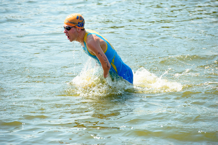Triathlon Cup of Ukraine and Cup of Bila Tserkva. July 24, 2016 in Bila Tserkva, Ukraine. Paralympic Swimmer at a distanceのeditorial素材
