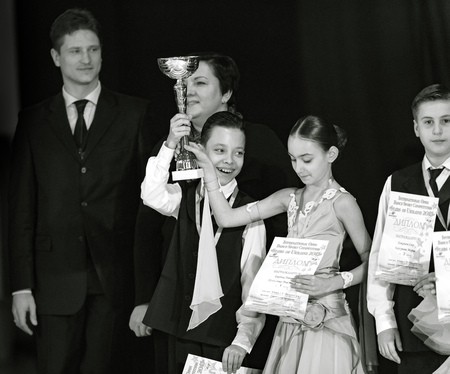 Bila Tserkva, Ukraine. February 22, 2013 International open dance sport competition Stars of Ukraine 2013. Award winning dancers. Black and white photographyのeditorial素材