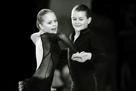 Bila Tserkva, Ukraine. February 22, 2013 International open dance sport competition Stars of Ukraine 2013. Couple dancing Ballroom dance. Black and white photographyのeditorial素材