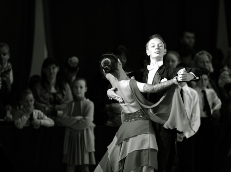 Bila Tserkva, Ukraine. February 22, 2013 International open dance sport competition Stars of Ukraine 2013. Young dancing couple. Black and white photographyのeditorial素材