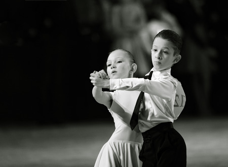 Bila Tserkva, Ukraine. February 22, 2013 International open dance sport competition Stars of Ukraine 2013. Beautiful children dancing ballroom . Black and white photographyのeditorial素材