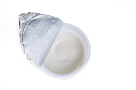 Plastic container set of yogurt or dessert or white sour cream isolated on white backgroundの写真素材