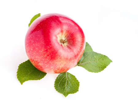 red apple fruit with leaves isolate on white backgroundの写真素材