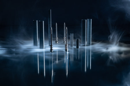Futuristic cityscape with skyscrapers and reflections on the water. 3D Renderingの写真素材