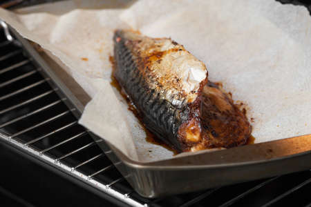 Baked Mackerel. In the oven on a baking sheet.
