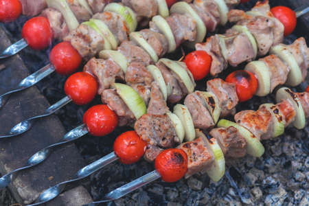 The kebab is cooked on the grill. Juicy meat on charcoal. High quality photoの写真素材