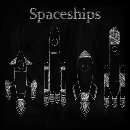 Set of spaceships, drawing chalk on a blackboard, vector illustrationのイラスト素材