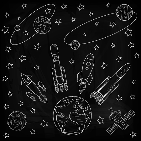 Space ships fly away from the Earth to other planets. Planets and satellites, rockets flying into space. Drawing chalk on a blackboard. Vector illustration on a black background.のイラスト素材