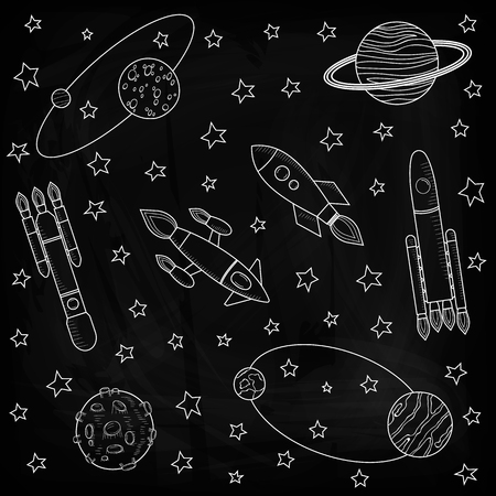 A rocket in interstellar space. Planets and satellites, rockets flying into space. Drawing chalk on a blackboard. Vector illustration. Template on the theme of space.のイラスト素材