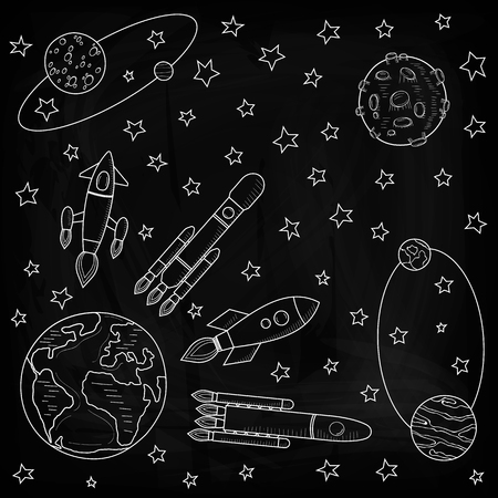 Set of vectors on the theme of space. Planets and satellites, rockets flying into space. Drawing chalk on a blackboard. Vector illustration. Template on the theme of space.のイラスト素材