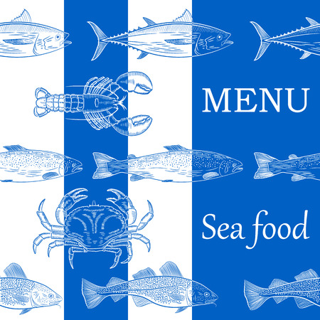 Menu, sea fish.Pattern of painted popular sea fish and crab, lobster. Salmon, tuna, cod, mackerel, dorado, lobster, crab, inscription Menu Fish Food on a blue background. Vector illustrationのイラスト素材
