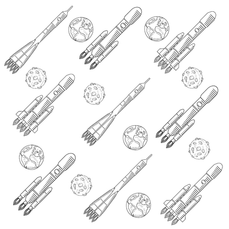 The pattern of space travel. Space rockets, the planet Earth and the Moon, space. Space race. Sketch of drawing, vector illustrationのイラスト素材