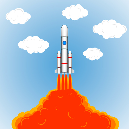 Launch of a space rocket. Drawing rocket, fire, smoke, vector illustrationのイラスト素材