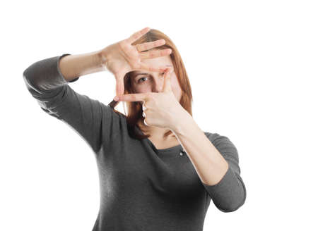 cute girl gesturing, on a white background isolated 