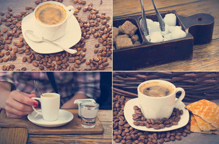 cup of coffee and coffee beans on wooden table の写真素材