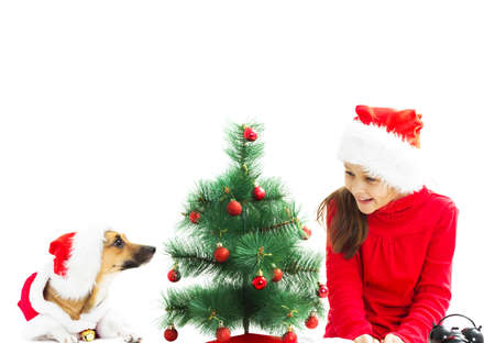 little girl and red dog dressed as Santa Clausの写真素材