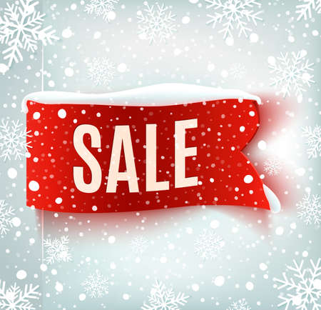 Winter sale background with red realistic ribbon banner and snow. Sale. のイラスト素材