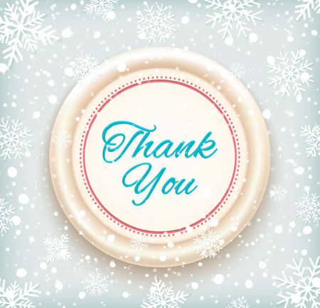 Thank you badge on winter snow background. Vector illustrationのイラスト素材
