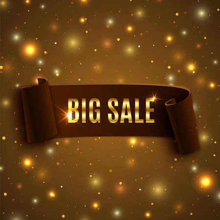 Realistic curved ribbon on celebration background with particles. Big sale. Vector illustrationのイラスト素材