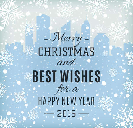 Merry Christmas and Happy New Year text label on a winter background with snow and snowflakes. のイラスト素材