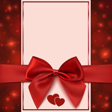 Greeting card template with red bow, ribbon and two hearts. Invitation. Vector illustrationのイラスト素材