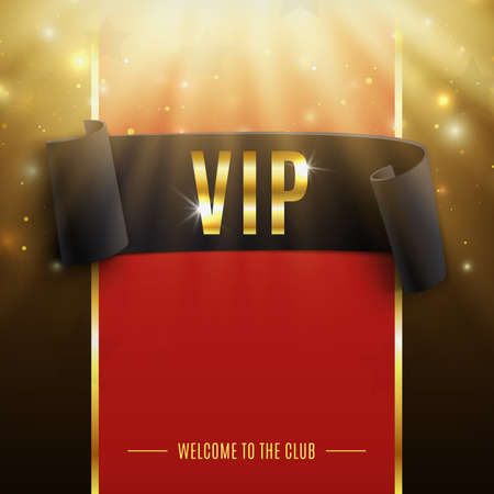 VIP background with realistic black curved ribbon, rays of light, particles and stars. Vector illustrationのイラスト素材