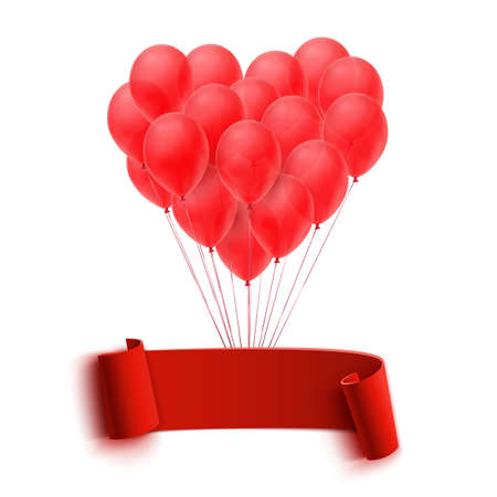 Balloons in form of heart holding big blank red banner. Vector illustrationのイラスト素材