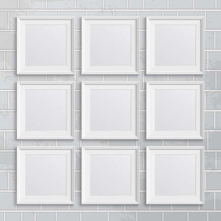 Set of square picture frames on brick wall. Vector illustration