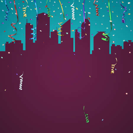 Celebration background template with confetti, colorful ribbons and city silhouette. Vector illustrationのイラスト素材