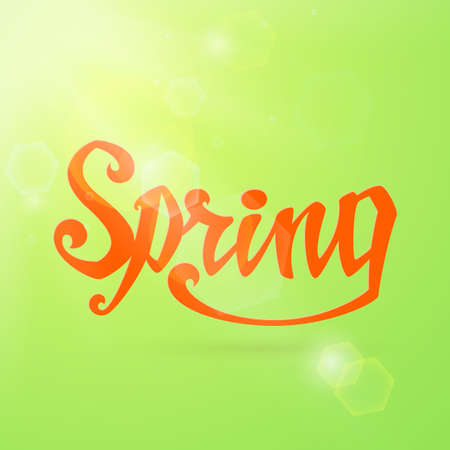Spring. Calligraphic handwritten word, on green background with sun and sun flares. Typographic design. Hand lettering. Vector illustration.のイラスト素材