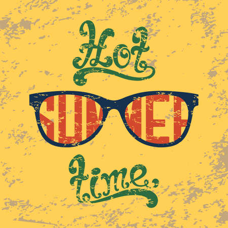Hot summer time. Calligraphic handwritten vintage, grunge, retro background with sunglasses. Typographic design. Hand lettering. のイラスト素材