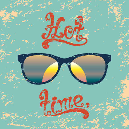 Hot summer time. Calligraphic handwritten vintage, grunge, retro background with sunglasses. Typographic design. Hand lettering. のイラスト素材
