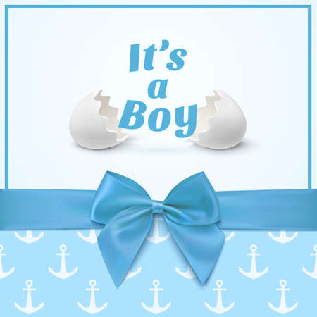 Its a boy. Template for baby shower celebration, or baby announcement card. Greeting card with two egg shells, blue ribbon and a bow. のイラスト素材