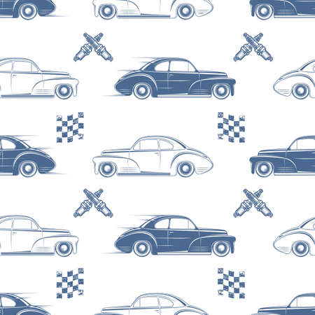 Vintage seamless pattern with cars, flags and spark plugs. Vector illustration.のイラスト素材