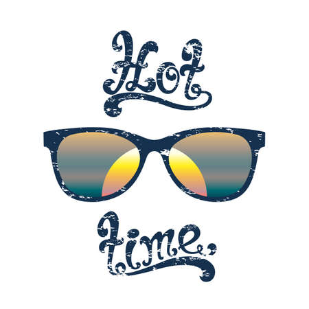 Hot summer time. Calligraphic handwritten vintage, grunge, retro background with sunglasses and sun. Typographic design. Hand lettering. Vector illustration.のイラスト素材
