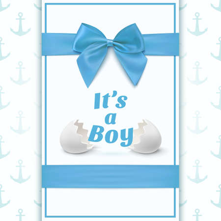 Its a boy. Template for baby shower celebration, or baby announcement card. Greeting card with two egg shells, blue ribbon and a bow. Vector illustrationのイラスト素材