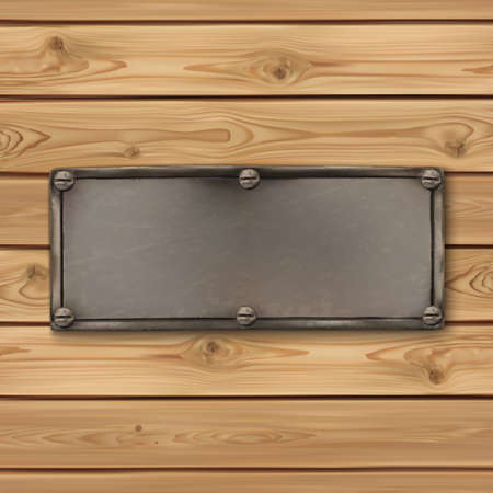 Vintage, old metal banner on realistic wooden boards. Vector illustration.のイラスト素材