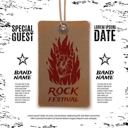 Grunge, rock festival poster, with rock n roll sign and fire on vintage price tag. Vector illustration.のイラスト素材