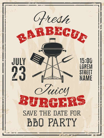Vintage barbecue party invitation. BBQ food flyer template. Vector illustration.のイラスト素材